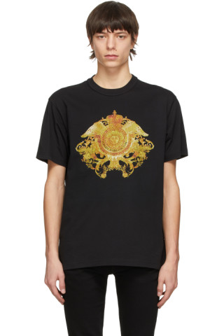 Versace Jeans Couture: Black Rococo Crystal Motif T-Shirt | SSENSE
