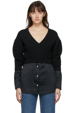 alexanderwang.t: Black Cable Knit Bi-Layer Sweater | SSENSE