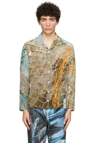 Serapis: Grey Silk Fish Nets Shirt | SSENSE