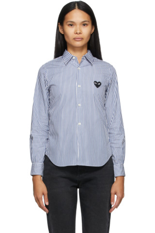 Comme des Garçons Play: Blue & White Striped Heart Patch Shirt | SSENSE