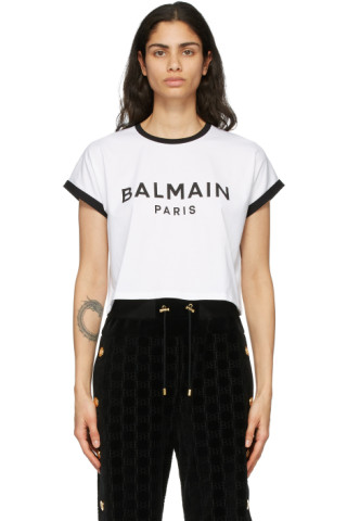 Balmain: White & Black Cropped Flocked Logo T-Shirt | SSENSE