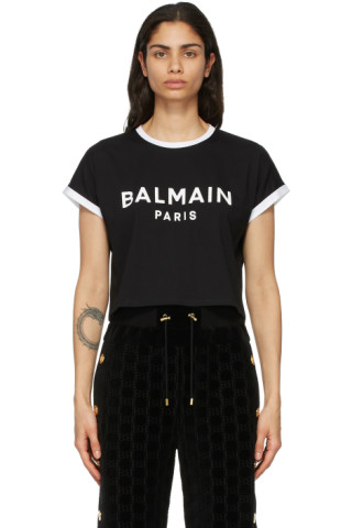 Balmain: Black & White Cropped Flocked Logo T-Shirt | SSENSE