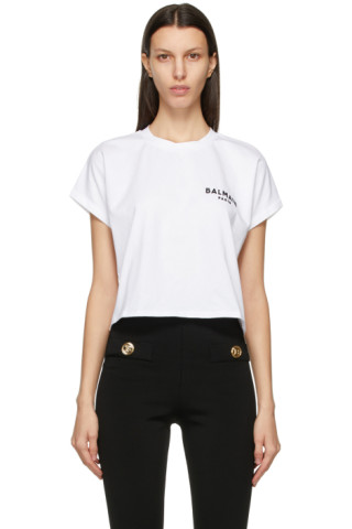 Balmain: White Cropped Logo T-Shirt | SSENSE