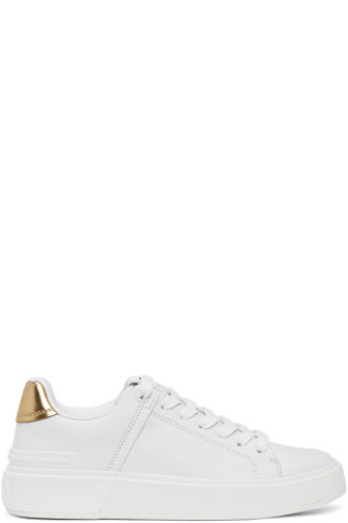 Balmain: White & Gold B-Court Sneakers | SSENSE