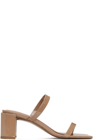 BY FAR: Tan Patent Tanya Heeled Sandals | SSENSE Canada