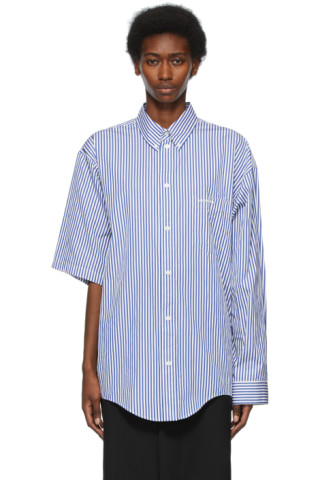 White & Blue Asymmetric Striped Shirt by Balenciaga on Sale