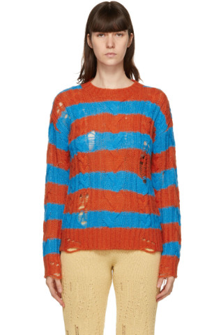 Andersson Bell: Orange & Blue Destroyed Stripe Cable Sweater | SSENSE