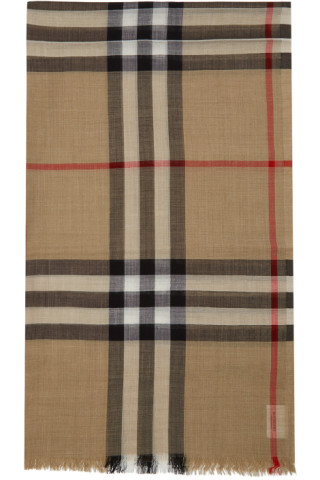 Burberry: Beige Gauze Giant Check Scarf | SSENSE