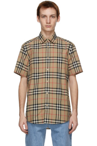 Burberry: Beige Check Poplin Short Sleeve Shirt | SSENSE