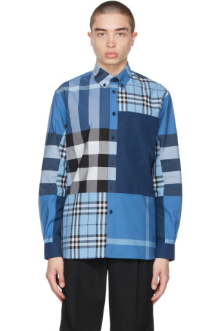 Burberry: Blue Check Patchwork Shirt | SSENSE