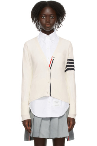 Thom Browne: Off-White Mesh Stitch 4-Bar Cardigan | SSENSE