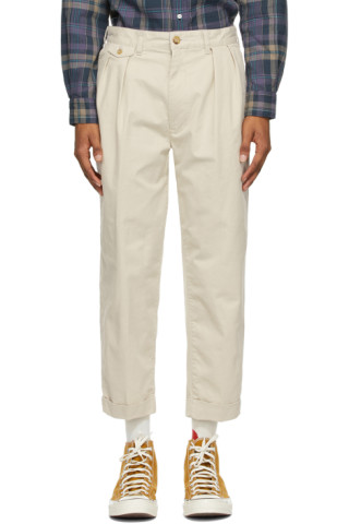 BEAMS PLUS: Off-White Twill Two-Pleats Trousers | SSENSE