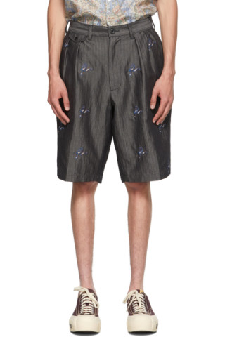 BEAMS PLUS: Grey Herringbone Two-Pleated Embroidered Shorts | SSENSE