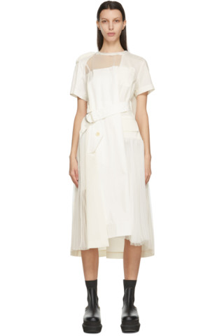 sacai: Off-White Sheer Neck Belted Dress | SSENSE