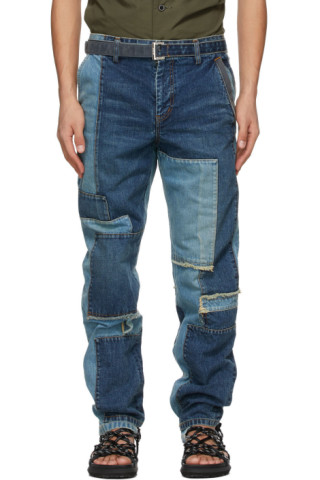 sacai: Blue Denim Patchwork Jeans | SSENSE