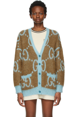 Gucci: Reversible Brown & Blue Mohair Oversized GG Cardigan | SSENSE