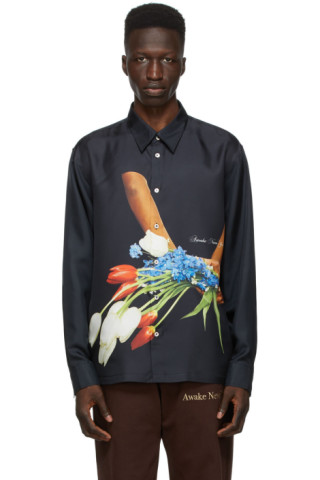 Awake NY: Black Silk Flowers Shirt | SSENSE