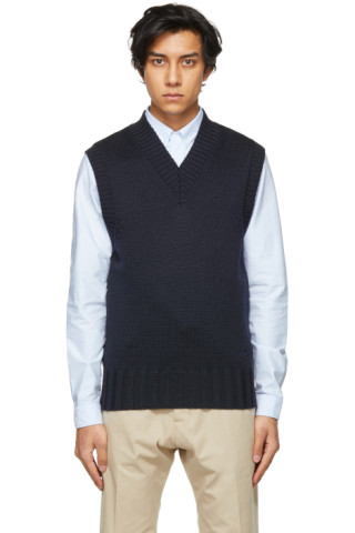 AMI Alexandre Mattiussi: Navy Knit V-Neck Vest | SSENSE