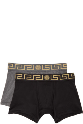 Versace Underwear: Two-Pack Black & Grey Long Greca Border Boxer Briefs ...
