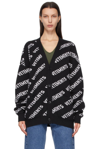 VETEMENTS: Black & White Allover Logo Cardigan | SSENSE