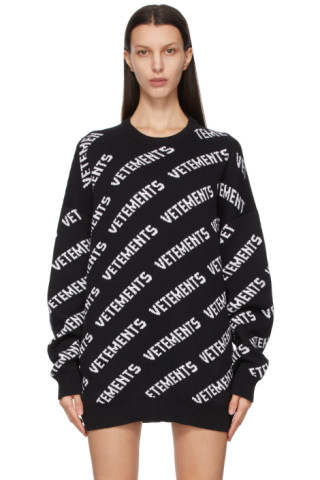 VETEMENTS: Black & White Allover Logo Sweater | SSENSE