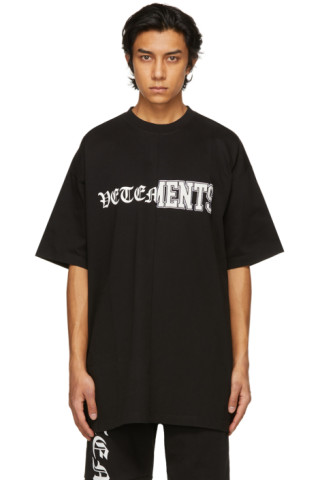 VETEMENTS: Black Vertical Cut-Up Logo T-Shirt | SSENSE