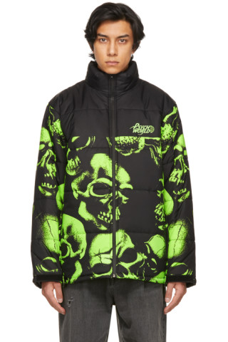 Black & Green Skull Logo Puffer Jacket by Psychworld on Sale