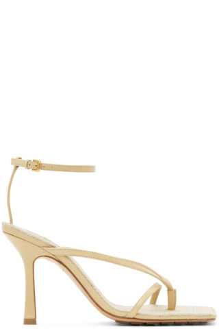 Bottega Veneta: Beige Raffia Stretch Heeled Sandals | SSENSE