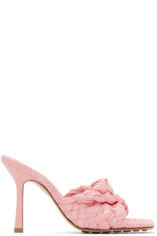 Bottega Veneta: Pink Raffia Stretch Heeled Mules | SSENSE