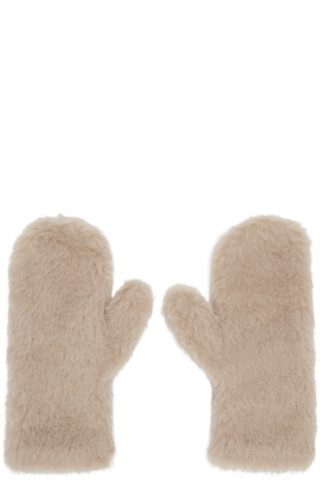 Max Mara: Beige Ombrato Teddy Mittens | SSENSE