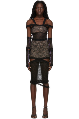 Nodress: Black Lace Frilled Mesh Dress | SSENSE