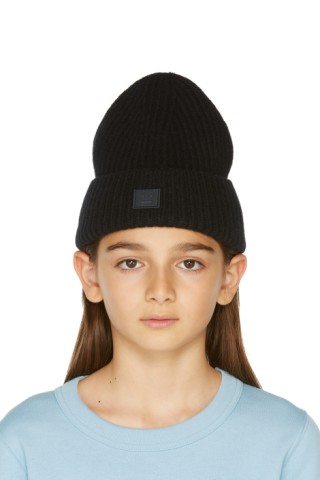 Kids Black Ribbed Logo Patch Beanie by 