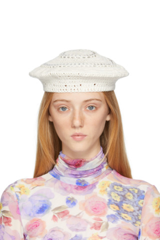 GANNI: White Crochet Beret | SSENSE Canada