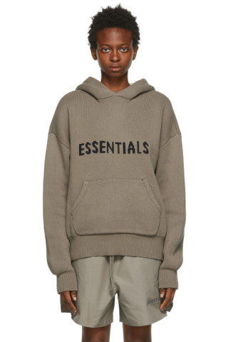 Essentials: Taupe Knit Logo Hoodie | SSENSE