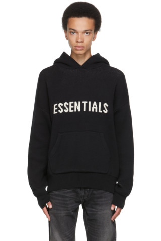 Essentials: Black Pullover Logo Hoodie | SSENSE Canada