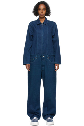 MM6 Maison Margiela: Indigo Denim Long Sleeve Jumpsuit | SSENSE