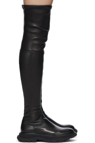 Black Tread Slick Thigh-High Boots by Alexander McQueen on Sale