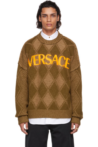 Khaki Argyle Logo Sweater by Versace on Sale