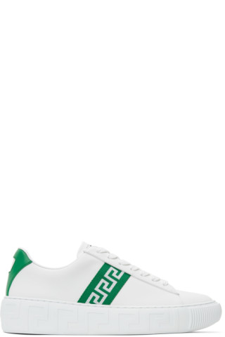 Versace: White & Green Greca Low-Top Sneakers | SSENSE