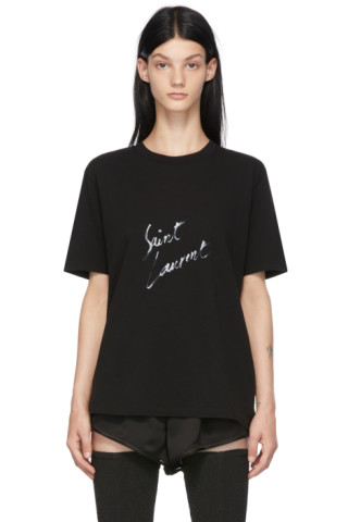 Saint Laurent: Black Signature Logo T-Shirt | SSENSE Canada