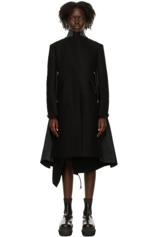 sacai: Black Melton Wool Coat | SSENSE