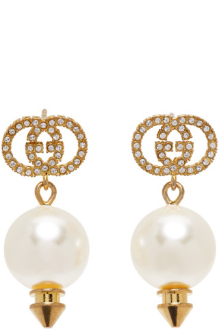 Gucci: Gold Interlocking G Pearl Earrings | SSENSE