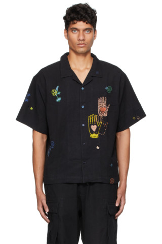 Black Greetings Short Sleeve Shirt by STORY mfg. on Sale