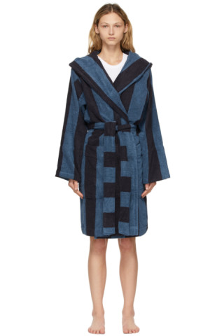 Tekla: Navy & Blue Striped Hooded Bathrobe | SSENSE Canada