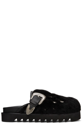 Toga Pulla: Black Fur Eyelet Sabot Slippers | SSENSE Canada