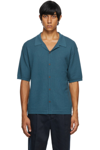 King & Tuckfield: Navy Knit Textured Short Sleeve Shirt | SSENSE