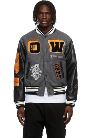 Off-White: Grey Leather Varsity Jacket | SSENSE UK