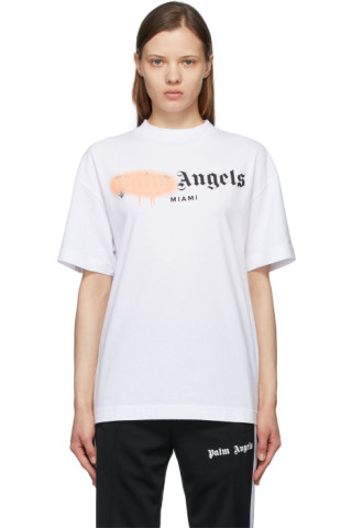 Palm Angels: White & Pink Sprayed Logo 'Miami' T-Shirt | SSENSE