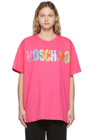 Pink Painted Logo T-Shirt by Moschino on Sale