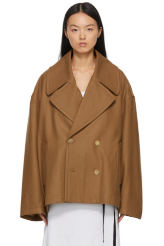Hed Mayner: Tan Wool Cropped Peacoat | SSENSE